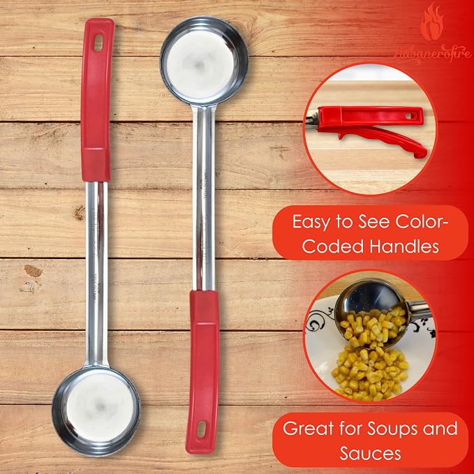 2 oz Solid Stainless Steel Portion Control Ladle Spoon | Commercial-Grade Spoodle for Portioning & Serving - Soups, Sauces & Buffet Service. Color-Coded by Size. Dishwasher Safe.