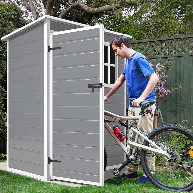 DWVO 5x3 FT Outdoor Storage Shed with Reinforced Floor, All-Weather Resin Storage Shed with Lockable Door & Window, Waterproof Plastic Tool Shed for Garden, Backyard, Patio, Lawn