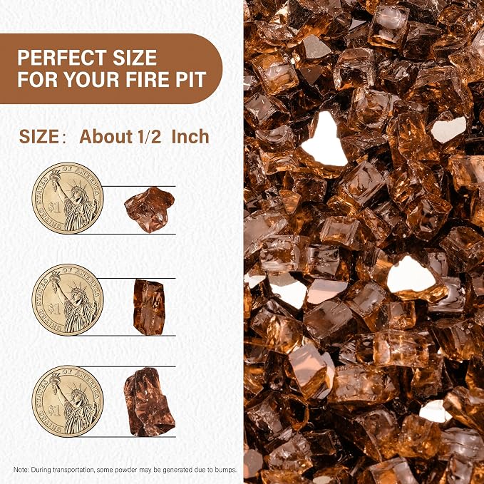 NUPICK 5 Pound Fire Glass, 1/2 Inch Reflective Fire Pit Glass | Tempered Fire Pit Rocks for Propane or Natural Gas, Glass Rocks for Fire Pit Table, Fireplace, Fire Bowl, Landscaping, Copper