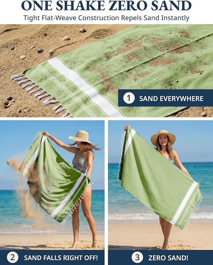 LANE LINEN Turkish Beach Towel 2 Pack, Super Absorbent, Durable - Jade Lime | Oversized Beach Towel 39"x71" - Lightweight Beach Essentials for Women - Large Pool Towel, Absorbent & Quick Dry, Great Gift
