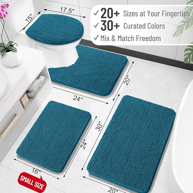 OLANLY Small Bathroom Rugs 24x16, Extra Soft Absorbent Chenille Bath Rugs, Rubber Backing Quick Dry, Machine Washable Bath Mats for Bathroom Floor, Tub and Shower, Home Decor Accessories, Peacock Blue