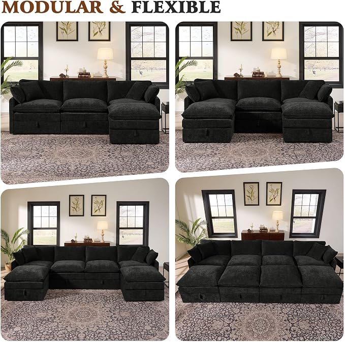 Ihanherry 135” Oversized Sectional Sofa Bed with Storage, 8-Seater Modular Cloud Couch with Movable Ottomans, Chenille Deep Seat Sleeper Couches for Living Room (Black)