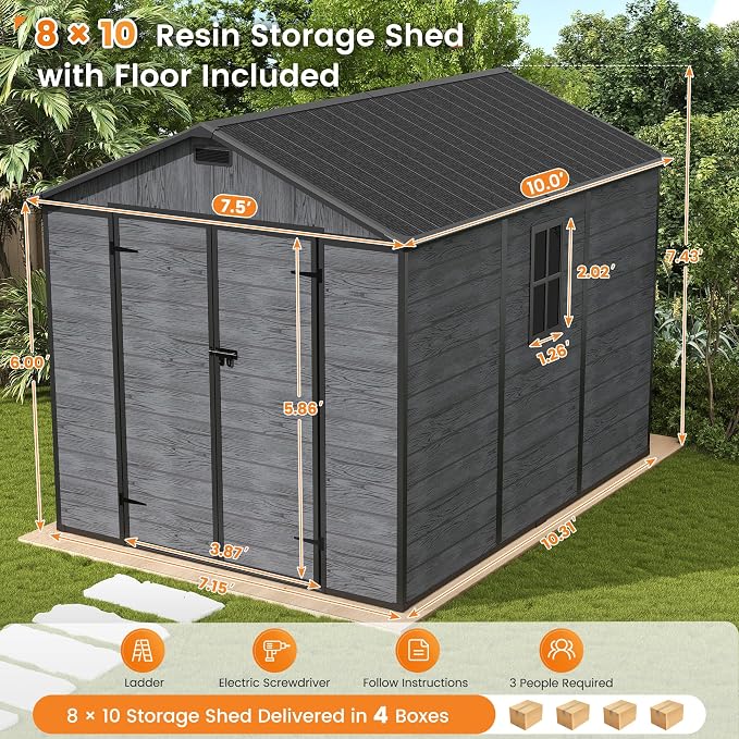 UDPATIO Outdoor Resin Storage Shed 8 x 10 FT, Plastic Storage Shed with Floor Large Outdoors Garden Tool Storage Shed Outside Clearance Shed with Lockable Door for Bike, Backyard, Patio, Dark Grey
