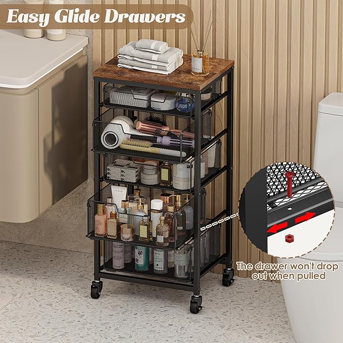 Rolling Cart with Drawers, 5-Drawer Storage Cart on Wheels with Vintage Wooden Top, Heavy Duty Metal Utility Cart, Mobile Craft Art Storage Cart for Kitchen, Bathroom, Office, Bedroom, Art Studio