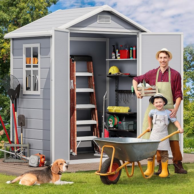DWVO 6X4FT Resin Storage Shed with Reinforced Floor, Outdoor Storage Shed with Lockable Door, Window & Vents, Waterproof Plastic Tool Shed for Garden Backyard, Patio