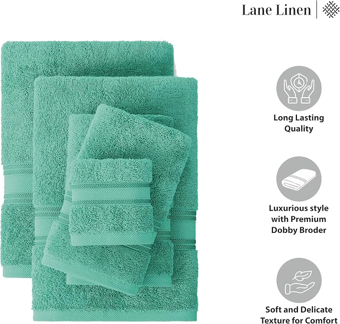 LANE LINEN Towel Set Quick Dry 100% Cotton 3 Piece Soft Absorbent - Teal | Cotton Towels For Bathroom - Zero-Twist Durability, Zero-Twist Cotton, Terry Weave Comfort, Long-Lasting Comfort