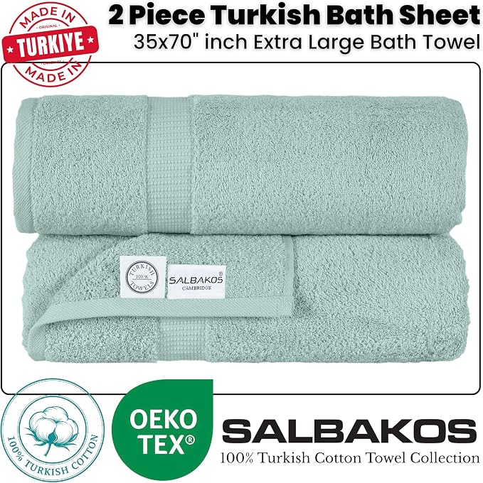 SALBAKOS 2-Piece 100% Turkish Cotton Bath Towels, X-Large 35x70 in, Seafoam | Oversized Bath Sheet Towel for Bathroom & Beach, Thick, Super Soft, Highly Absorbent, Premium Hotel Quality, Made in Turkey