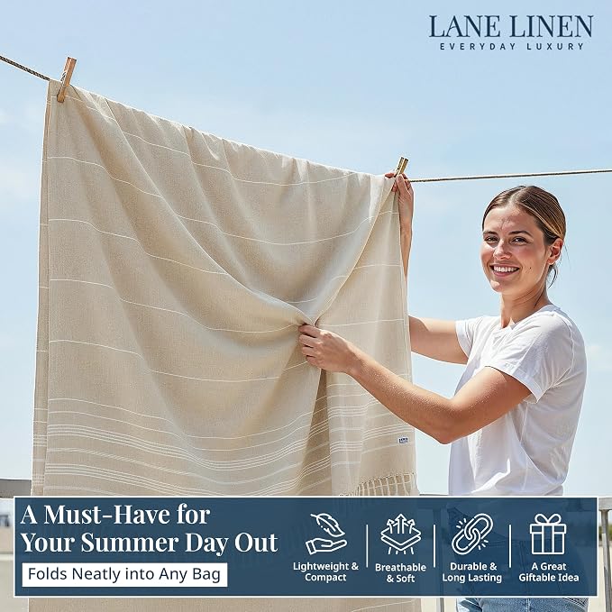 LANE LINEN Beach Blanket Sand Free, Quick Dry & Turkish Beach Towel - Beige | Extra Large Beach Blanket, 82"x82" - Seats A Family Of 4 With Room To Spare - Roomy Family Size, Soft, Packable, Portable