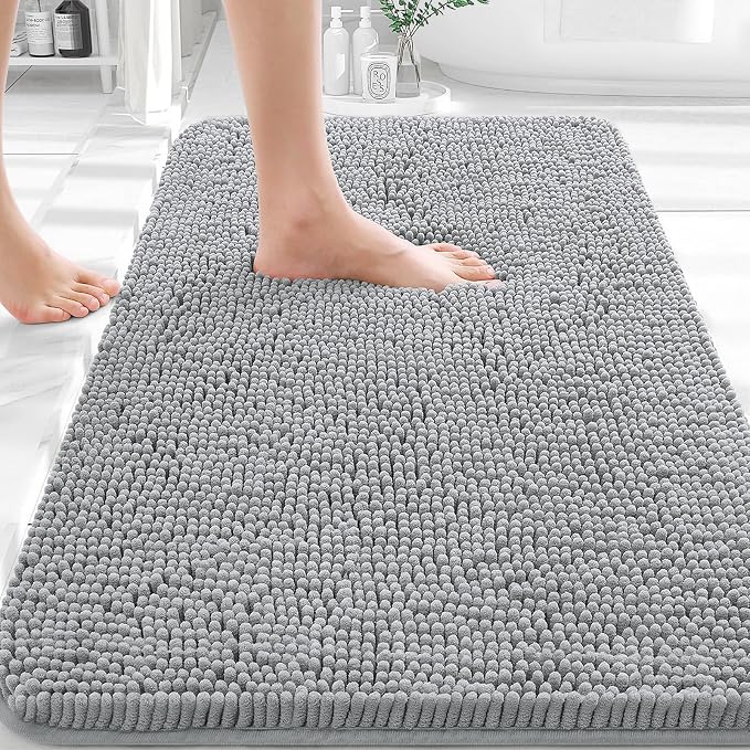 OLANLY Bathroom Rugs 30x20, Extra Soft Absorbent Chenille Bath Rugs, Rubber Backing Quick Dry, Machine Washable Bath Mats for Bathroom Floor, Tub and Shower, Home Decor Accessories, Light Grey