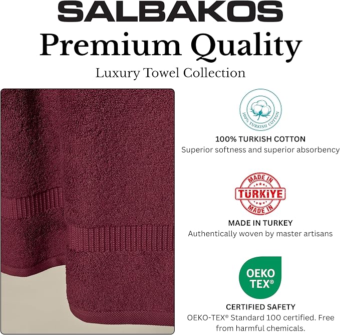 SALBAKOS 4-Piece 100% Turkish Cotton Bath Towels, 27x54 inch, Wine | Standard Size, 630 Gsm Thick Super Soft Highly Absorbent Quick-Dry Bathroom Towel, Premium Hotel & Spa Quality Made in Turkey