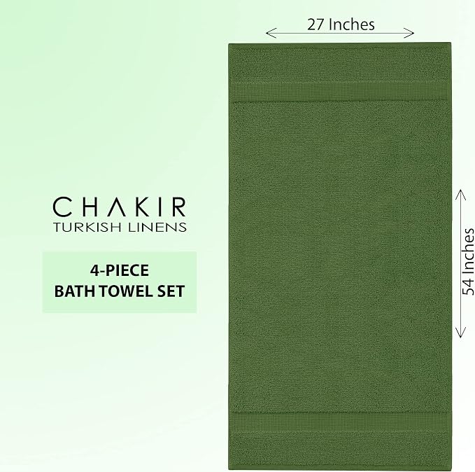 Chakir Turkish Linens 4 Piece Large Bath Towels, 100% Cotton Turkish Towels for Bathroom, Luxury Soft Absorbent Bath Towel Set, 27 x 54 Inches, Moss