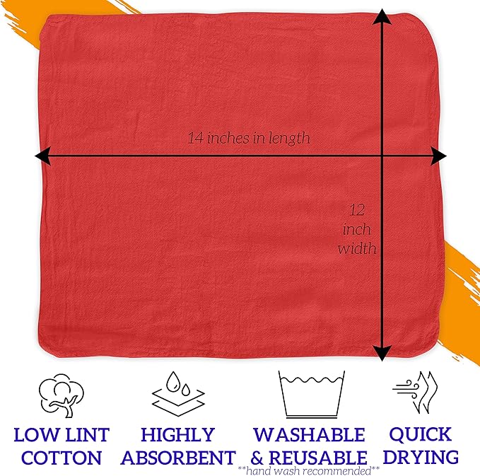 GREEN LIFESTYLE Shop Towels 12" x 14" 150 Pack - Red Cotton Shop Towels, Cleaning Rags, Reusable Shop Rags, Absorbent Terry Cloth Towels for Garage, Automotive and Home Use