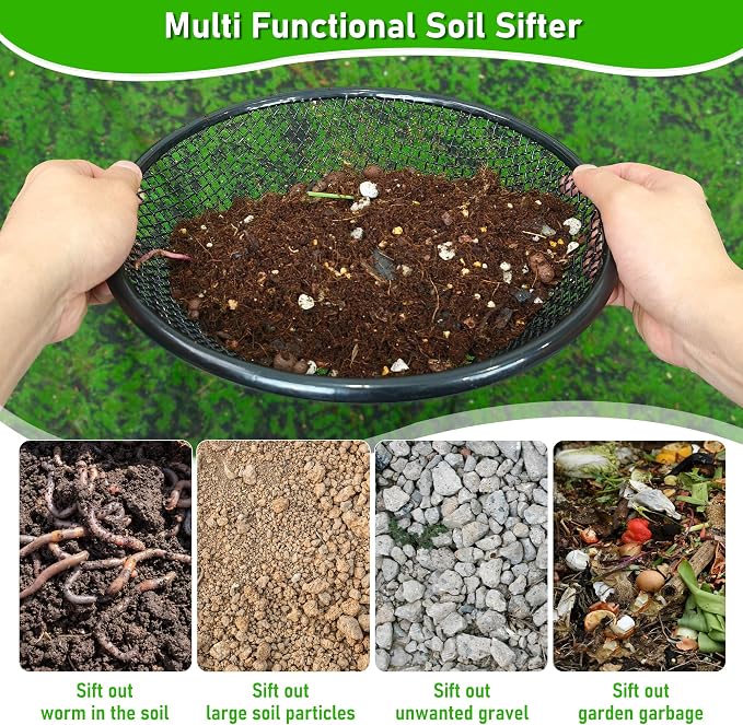 3Pcs 11.8" W Soil Sifter for Gardening, 2,4,6mm Grid Rock Sifter for 5 Gallon Bucket, Stainless Steel Fine Dirt Sifter, Compost Sifter for Capturing Dirt, Sand, Rocks, and Filtering Compost (Black)