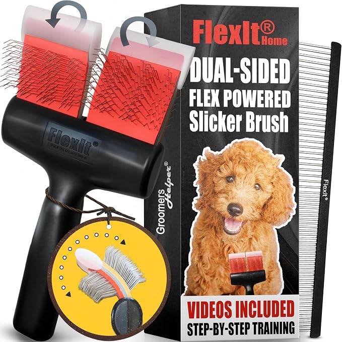FlexIt Home - Flexible Slicker Brush for Dogs (Double, Firm Flex) | Dog Grooming Brush for Poodles, Golden Doodles, Huskies, Retrievers, and Labradoodles | 3-in-1 System & Video Trainings