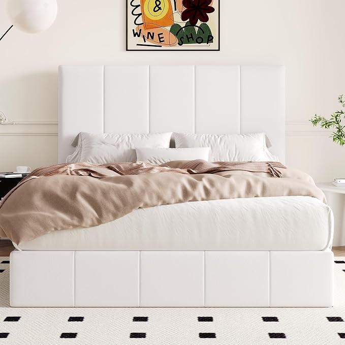 Allewie Full Size Velvet Lift Up Hydrualic Storage Bed Frame, White | Vertical Channel Tufted Headboard, Hydrualic Underneath Storage, Upholstered Platform Bed, No Box Spring Needed