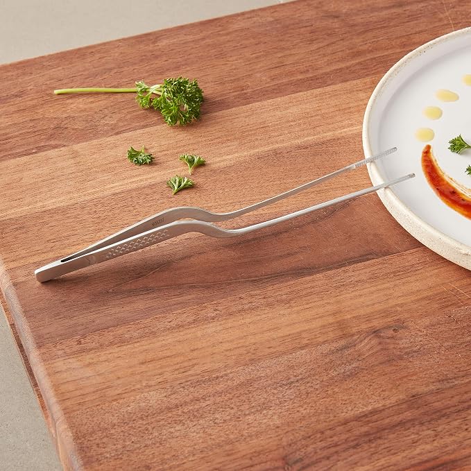 Mercer Culinary 18-8 Stainless Steel Precision Plus Chef Plating Tong, Offset, 7-7/8 Inch