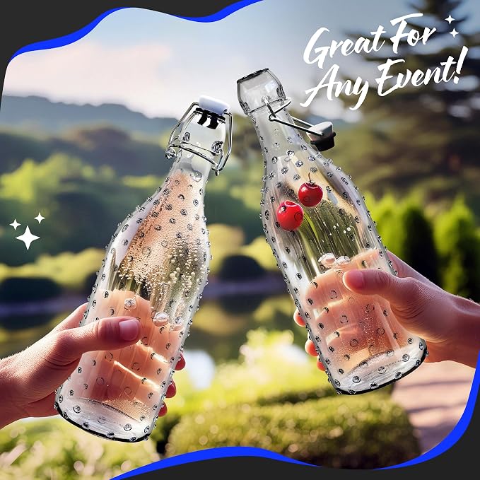 Nevlers 17 Oz Dotted Swing Top Glass Bottles with Airtight Lid 6 PK | Flip Top Glass Bottle with Stopper, Wrap, Funnel, Brush, Tags & Marker | Alcohol Bottle Set | Fermentation Bottles with Stoppers