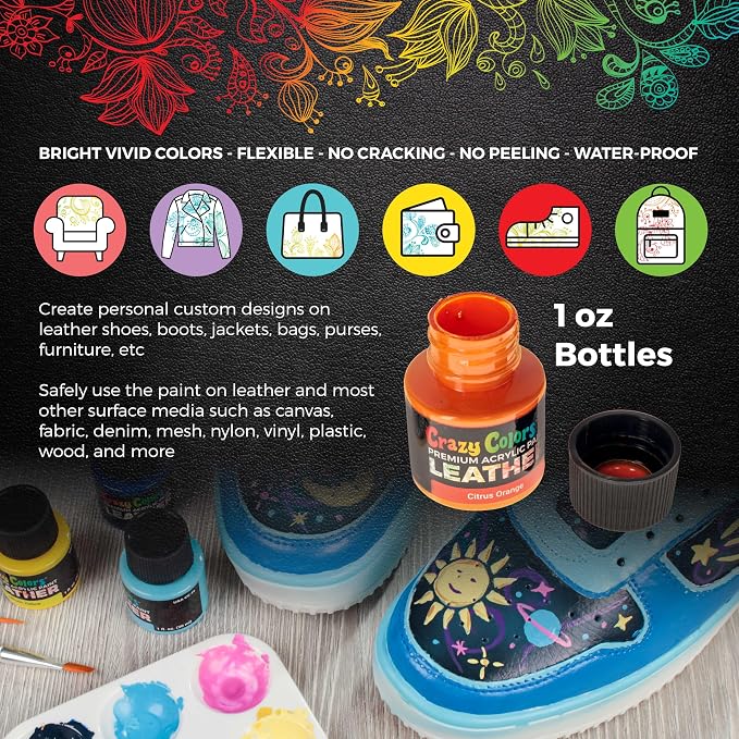 Crazy Colors Premium Acrylic Shoe & Leather Paint Kit 13-Color with 4 Brushes (1 oz Bottles) - Acrylic Leather Paint for Shoes, Sneakers, Jackets, Bags, Purses, Furniture