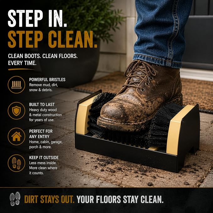 Heavy Duty Classic Outdoor Boot Scraper & Shoe Cleaner Brush with Stiff Bristles Metal Frame Portable or Floor Mounted for Entryways Barns Farms Garages Removes Mud Snow Sand Fits