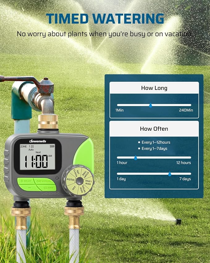 DEWENWILS 2-Zone Outdoor Hose Timer - Automatic Sprinkler Timer with Brass Inlet, Rain Delay & Manual Control for Lawn, Garden, and Yard Irrigation