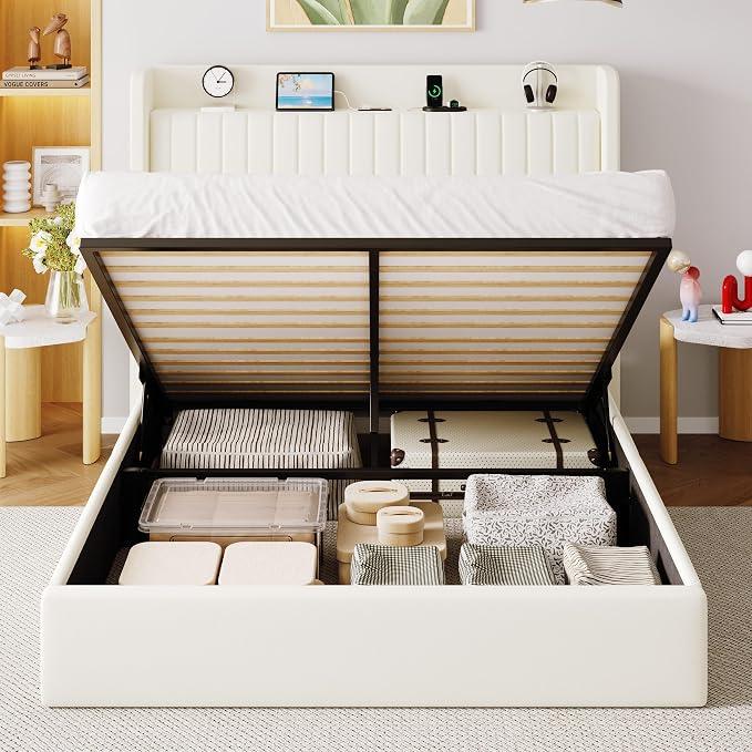 Allewie Queen Lift Up Storage Hydraulic Bed Frame,Charging Station,Cream | Storage Shelf Headboard with Charging Station,Type-C,USB Ports,Hydraulic Support,Velvet Upholstered,No Box Spring Needed