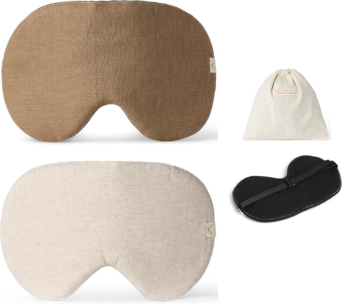 2-PACK Linen Eye Sleep Mask Oversized for sleeping • Organic Oeko-TEX Standard • Blackout Eye Shade cover • Adjustable strap • Breathable Travel Meditation Essential •Gift idea Woman Man (Camel+Natur)