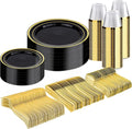 BESTVIP 300PCS Black Gold Dinnerware Set for 50 Guests, Plastic Plates for Halloween Party and Christmas, 50 Disposable Plates, 50 Dessert Plates, 50 Cups, 50 Spoons, 50 Forks and 50 Knives