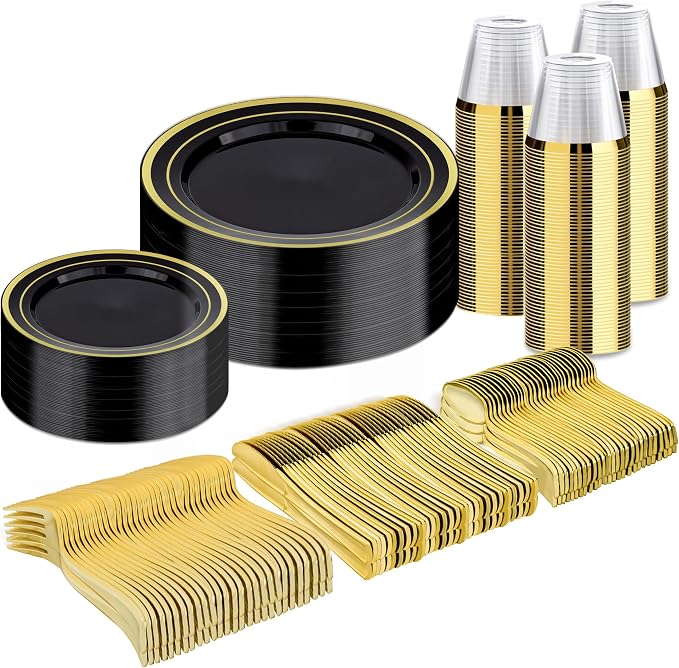 BESTVIP 300PCS Black Gold Dinnerware Set for 50 Guests, Plastic Plates for Halloween Party and Christmas, 50 Disposable Plates, 50 Dessert Plates, 50 Cups, 50 Spoons, 50 Forks and 50 Knives