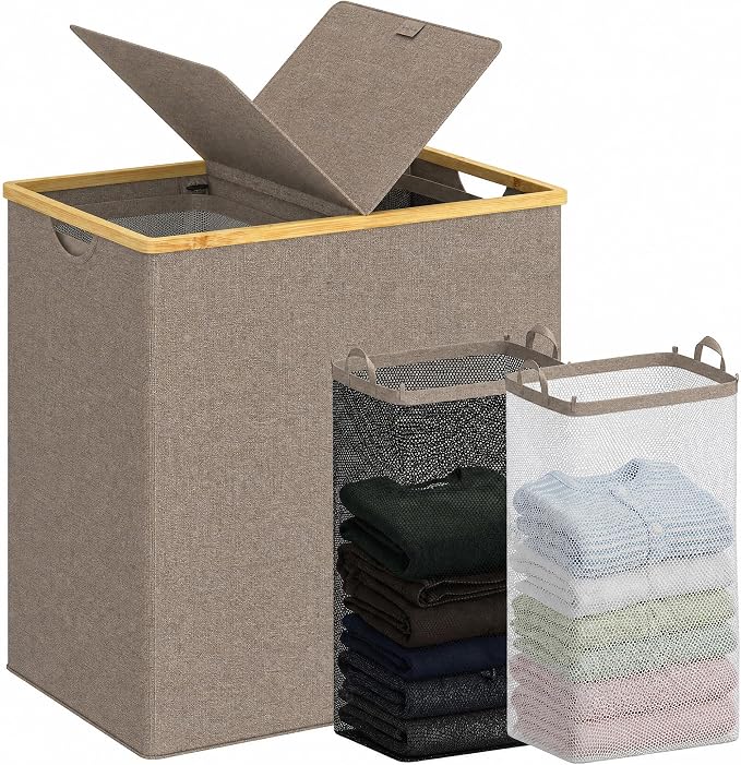 efluky Laundry Hamper with Lid, Double Laundry Basket with 2 Removable Bags, 2 Section Laundry Bin with Bamboo Handles for Bathroom, Bedroom & Laundry Room, 140L (36.9 Gallon) Brown