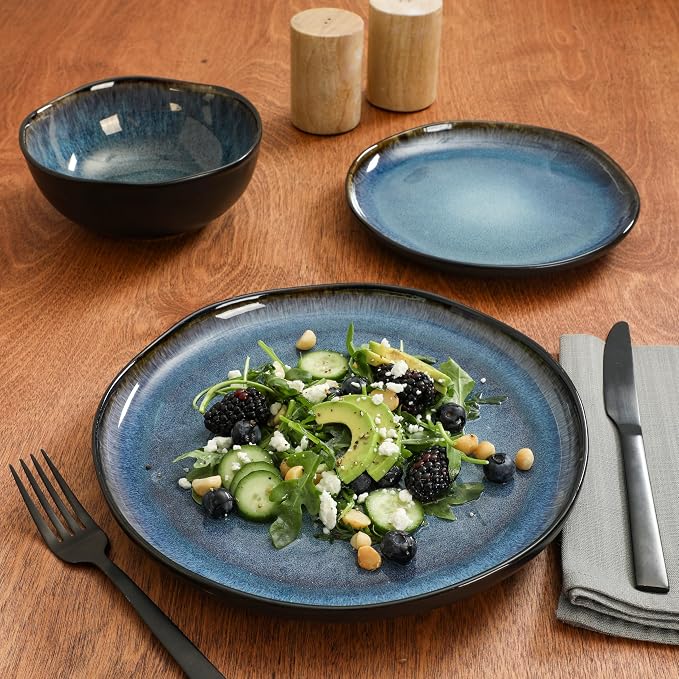 Gibson Elite Nardini 12 Piece (Service for 4) Plates and Bowls Reactive Glaze Dishes Stoneware Ceramic Dinnerware Set - Black and Blue