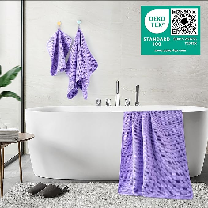 POLYTE 430 GSM Microfiber Quick Dry Lint Free Oversize Bath Towel Set, 6 Piece (Waffle Weave)