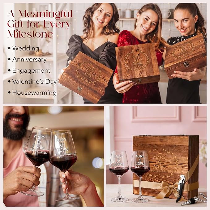 Custom Couples Wine Glasses Set Of 2, Engraved Name Date, 4 Designs | Wooden Keepsake Box, Bottle Stopper, Corkscrew Opener, Wedding Gift Set, Bride and Groom, Toasting Glasses