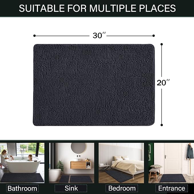 LOCHAS Luxury Bathroom Rug Shaggy Bath Mat 20 x 30 Inch, Dark Grey | Washable Non Slip Bath Rugs for Bathroom Shower, Soft Plush Chenille Absorbent Carpets