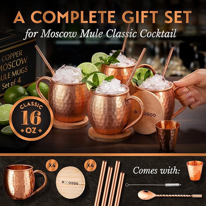 Yooreka Gift Set Moscow Mule Mugs Set Of 4 16 oz Solid Cooper, 100% Pure Copper Cups HANDCRAFTED, BONUS 4 Straws, 4 Wood Coasters, Stirring Spoon, Shot Glass and Cleaning brush (Oval)