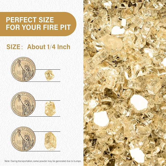 NUPICK 5 Pound Fire Glass, 1/4 Inch Reflective Fire Pit Glass | Tempered Fire Pit Rocks for Propane or Natural Gas, Glass Rocks for Fire Pit Table, Fireplace, Fire Bowl, Landscaping, Gold