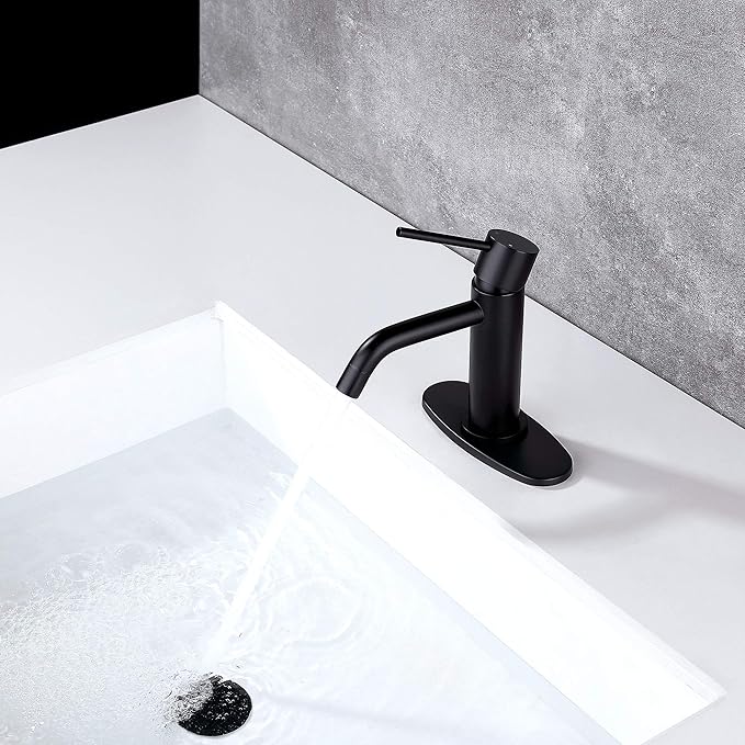 Matte Black Bathroom Faucet Single Hole, JXMMP Single Handle Bathroom Sink Faucets with Pop Up Drain and 6 inch Deck Plate and cUPC Water Supply Hose