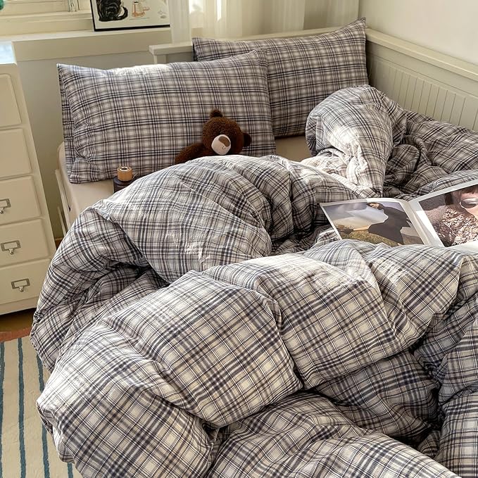 mixinni Twin XL Duvet Cover Set - 3 Piece Vintage Buffalo Plaid Bedding, 100% Washed Cotton Duvet Cover with 2 Pillowcases, Soft & Breathable Navy Beige White Geometric Grid Pattern for All Seasons