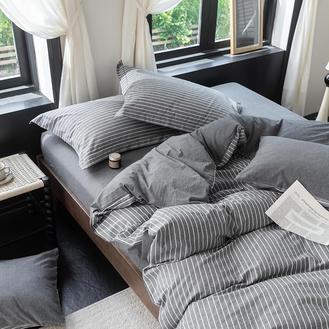 Reversible Duvet Cover Set 100% Washed Cotton Dark Grey Pinstripe Linen Feel Duvet Cover Queen Size with Zipper Closure & 2 Pillow Shams,Dark Grey/White Stripe Reverse Solid Dark Grey
