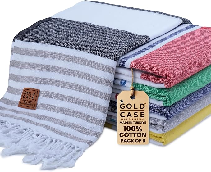 Gold CASE Turkish Beach Towel Set of 6 – 100% Cotton Large Bath Towels 70 x 38'' – LYCIA Oversized, Quick Dry & Sand Free Beach Towel – Lightweight Turkish Towels Set - Multicolor-2