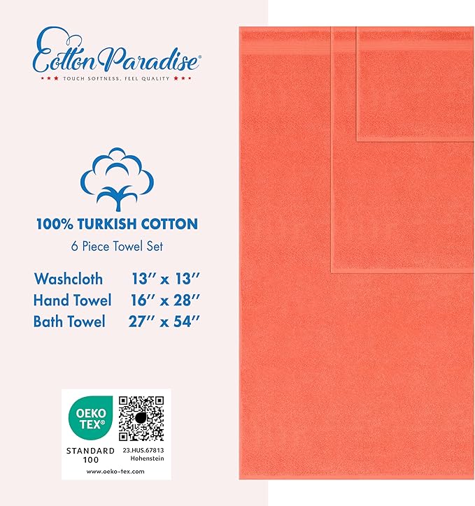 Cotton Paradise 6 Piece Towel Set, 100% Cotton Soft Absorbent Turkish Towels for Bathroom, 2 Bath Towels 2 Hand Towels 2 Washcloths, Coral Towel Set