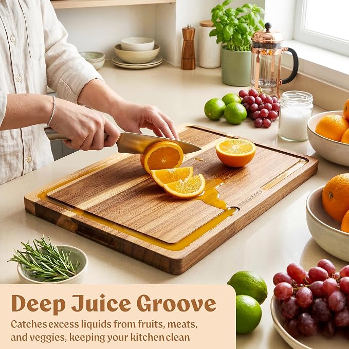 Acacia Wood Cutting Boards for Kitchen Set of 3, Double sided | Non toxic chopping boards: cut one side, serve on the other; FSC wooden, large kitchen boards for charcuterie