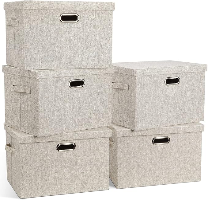 Graciadeco Large 17" 36 Quart Collapsible Stackable Storage Bins with Lids, 5 Packs Beige Linen Fabric Closet Boxes with Lids, Storage Cube Baskets Container Organizers for Bedroom Office(17 x12 x11)
