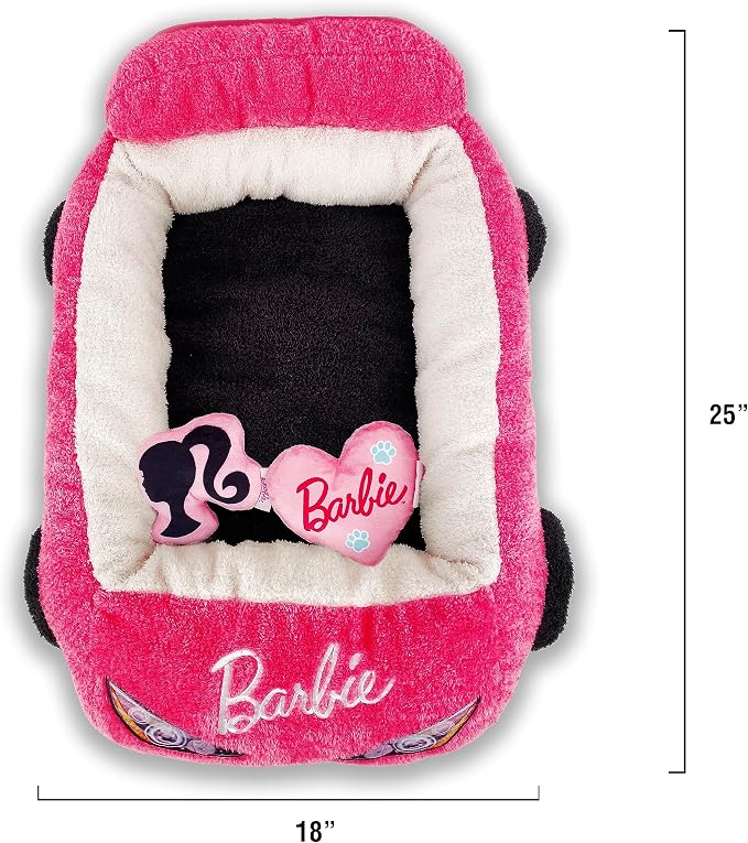 Megatoys Barbie Plush Car Pet Bed- Themed Plush Pink Pet Bed for Dogs and Cats – Soft and Cozy Pet Bed with Barbie Pillow and Car Design