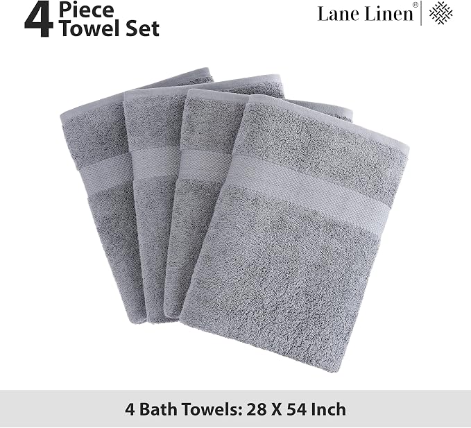 LANE LINEN Bath Towel Set 100% Cotton 4 Piece Soft Absorbent - Grey | Oeko-Tex Bath Towels - Ring-Spun Cotton, Terry Weave Comfort, Long-Lasting Comfort, Hotel-Style Look, Machine Washable