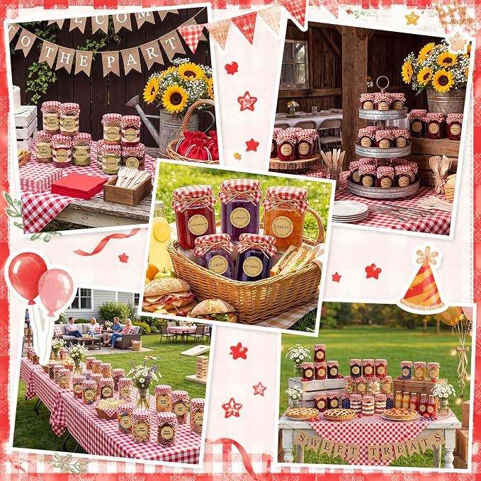 Blushtier 15 Sets 16 oz Mini Yogurt Jars Glass Mason Jar with Lids Red Plaid Muslin Cloth Cover Decorative Jute Rope Brush Glass Bottle for Jam Honey Candy Gift Wedding Favors Birthday Party Decor