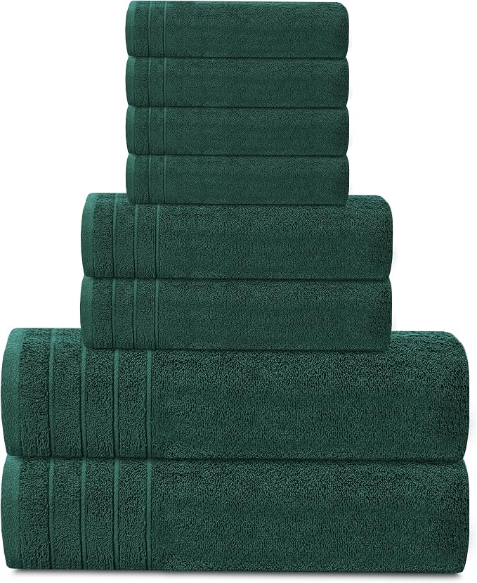 Tens Towels 8 Piece Towel Set, 2 XL Bath, 2 Hand, 4 Washcloth, Hunter Green | 100% Cotton, Lighter Weight, Quicker to Dry, Super Absorbent, Perfect for Bathroom