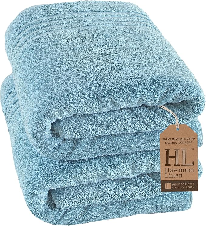 Hawmam Linen Jumbo Large Bath Sheets Towels 2 Pack Soft and Absorbent, Premium Quality 100% Cotton Towels (Light Blue, Bath Sheet)