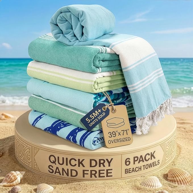 LANE LINEN Turkish Beach Towels 6 Pcs, Super Absorbent - Tropical Breeze | Oversized Beach Towel - Lightweight Beach Essentials for Women - Large Pool Towel, Absorbent & Quick Dry, 39"x71", Sand Free