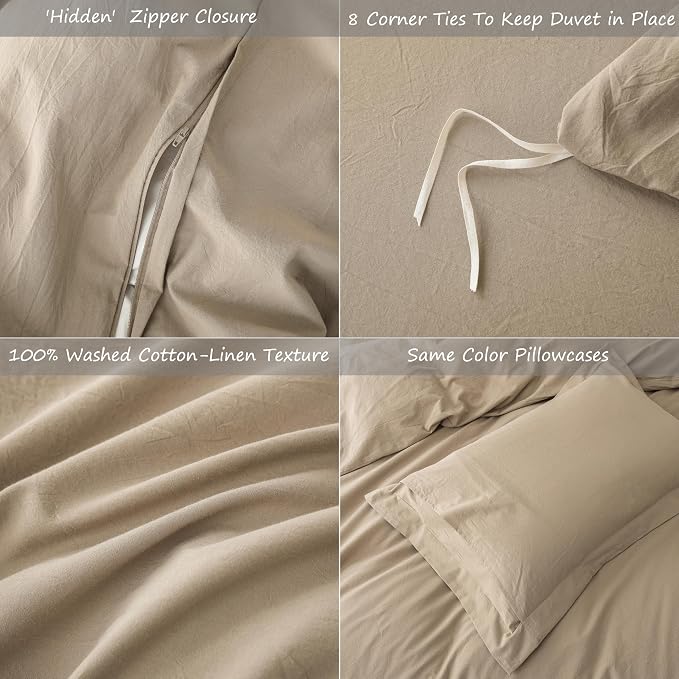 Linen Feel Duvet Cover Queen Size 90inch x 90inch,100% Washed Cotton Duvet Cover with Zipper Closure and 2 Pillowcases, Color of Mocha Brown