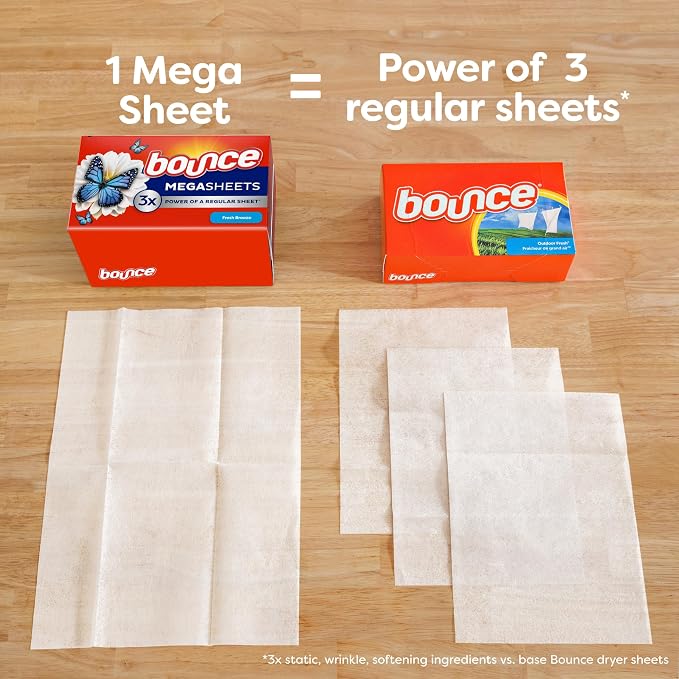 Bounce Mega Dryer Sheets, Fresh Breeze, 130 Count, Mega Fabric Softener Sheets with Static Control, Wrinkle Reduction, Extra Softness, Lasting Scent, Repels Lint (Pack of 3)